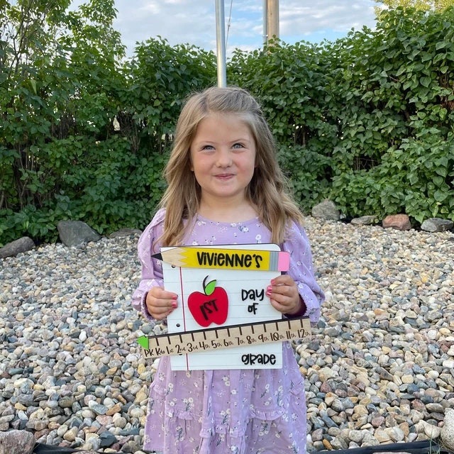 Personalized First Day of School Sign, Interchangeable Photo Prop with Grade Ruler, 4 Apples, & 5 Pencil Colors, Back to School Sign