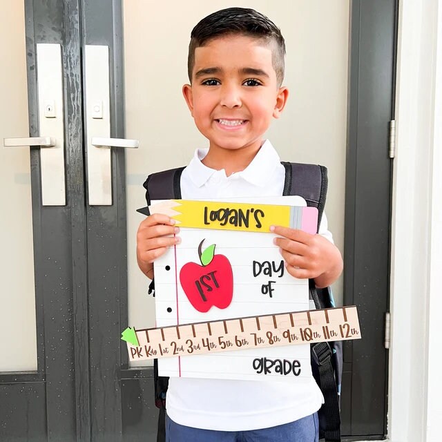 Personalized First Day of School Sign, Interchangeable Photo Prop with Grade Ruler, 4 Apples, & 5 Pencil Colors, Back to School Sign