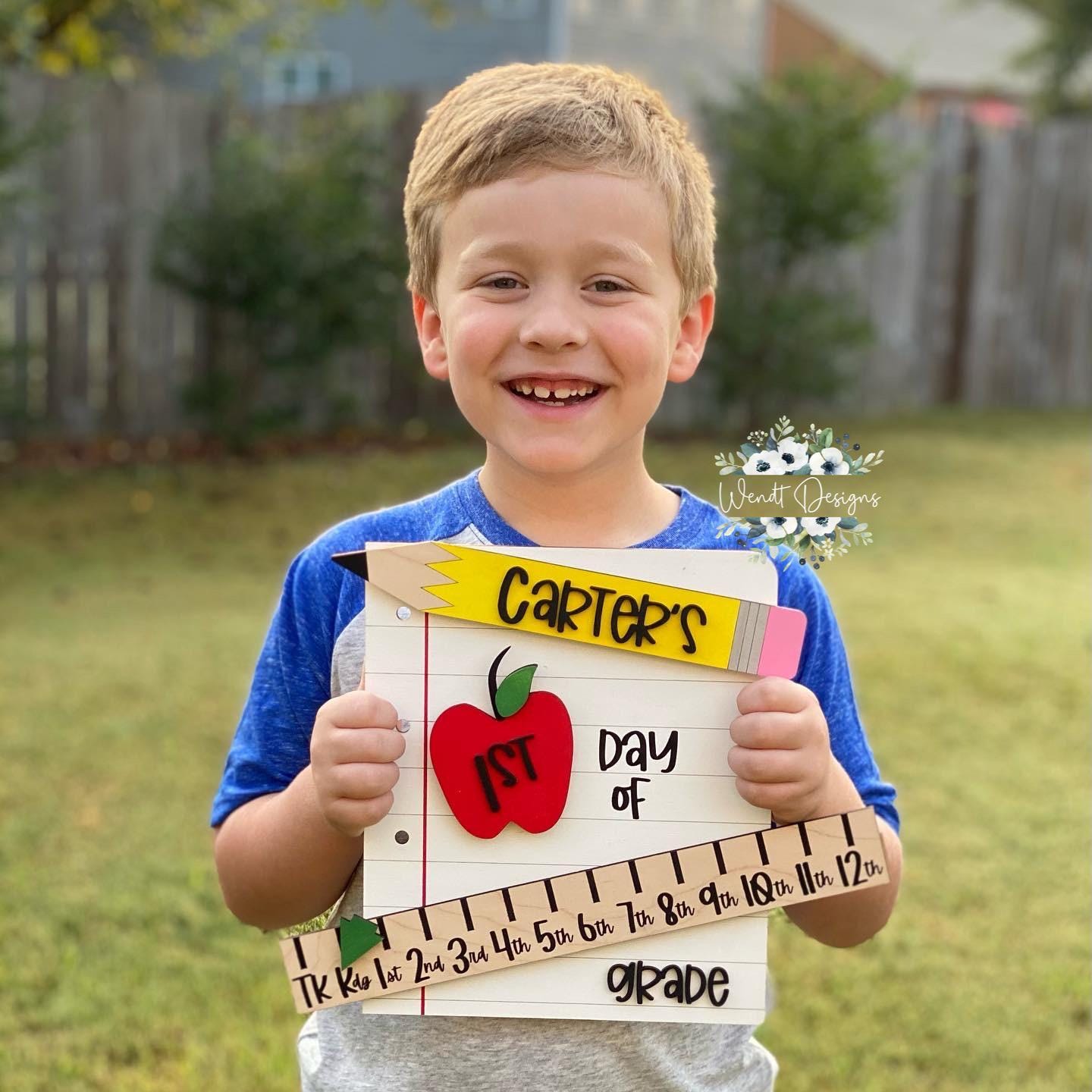 Personalized First Day of School Sign, Interchangeable Photo Prop with Grade Ruler, 4 Apples, & 5 Pencil Colors, Back to School Sign