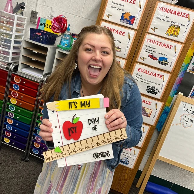 Personalized First Day of School Sign, Interchangeable Photo Prop with Grade Ruler, 4 Apples, & 5 Pencil Colors, Back to School Sign