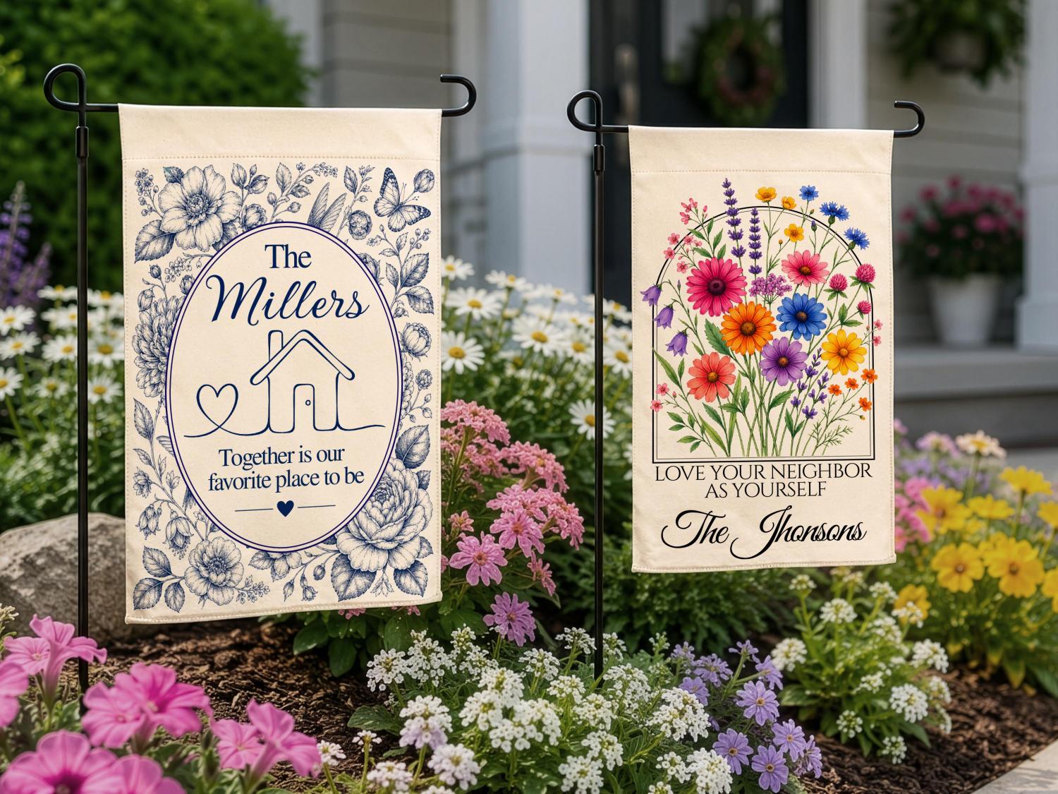Personalized Floral Garden Flag, Family Gifts for New Home Owner, Initial Yard Décor, Custom Family Name Welcome Flag, Housewarming Gifts
