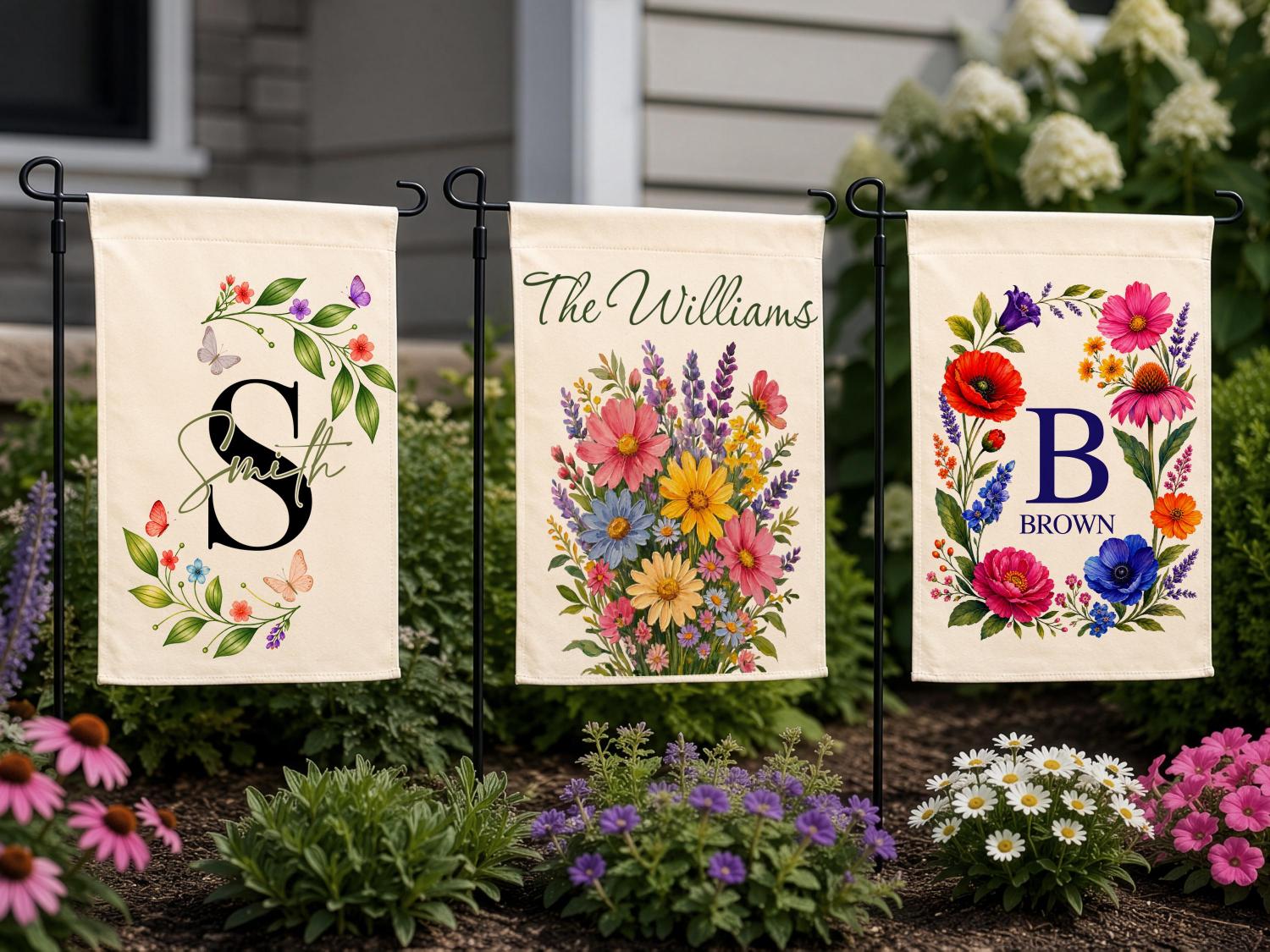 Personalized Floral Garden Flag, Family Gifts for New Home Owner, Initial Yard Décor, Custom Family Name Welcome Flag, Housewarming Gifts