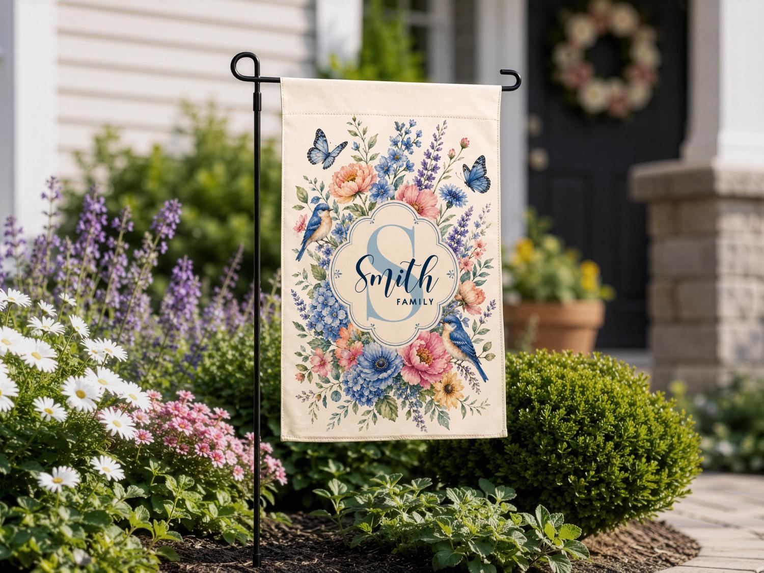Personalized Floral Garden Flag, Family Gifts for New Home Owner, Initial Yard Décor, Custom Family Name Welcome Flag, Housewarming Gifts