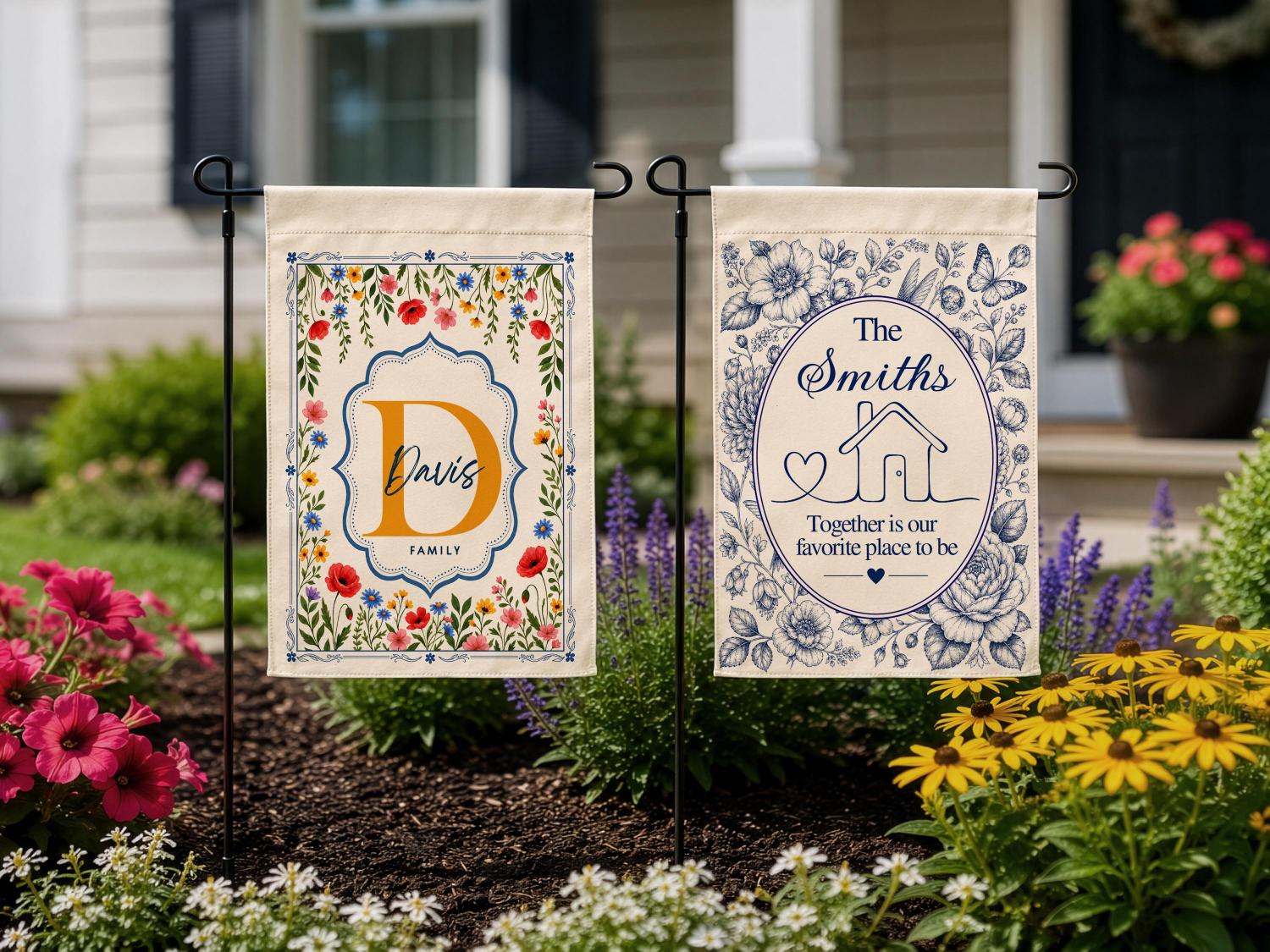 Personalized Floral Garden Flag, Family Gifts for New Home Owner, Initial Yard Décor, Custom Family Name Welcome Flag, Housewarming Gifts