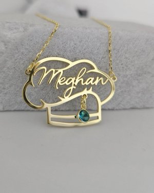 Custom Chef Hat Name Necklace with Birthstone, Gold Cooking Nameplate, Silver Kitchen Jewelry, Gastronomy Gift, Culinary School Pendant
