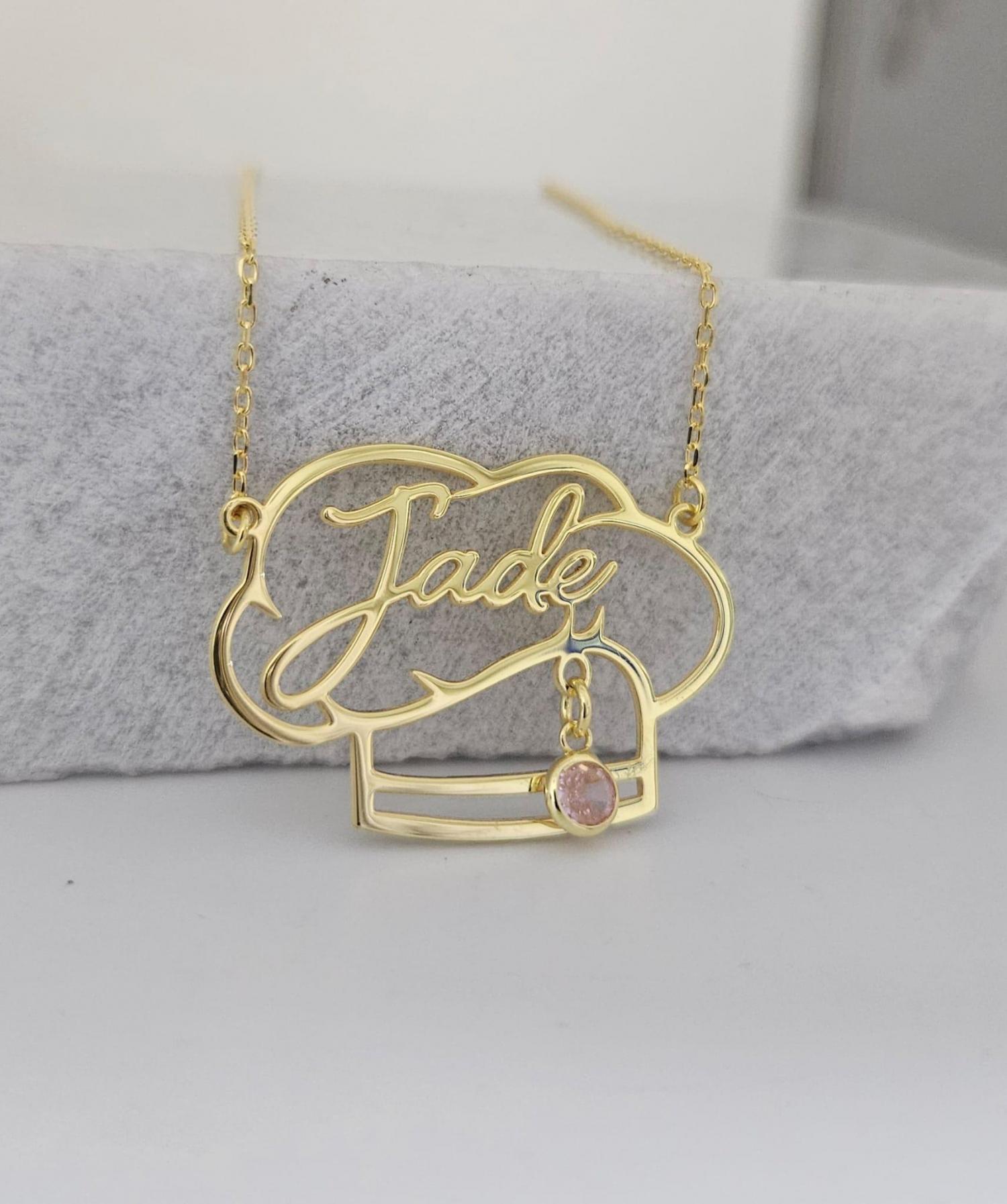 Custom Chef Hat Name Necklace with Birthstone, Gold Cooking Nameplate, Silver Kitchen Jewelry, Gastronomy Gift, Culinary School Pendant