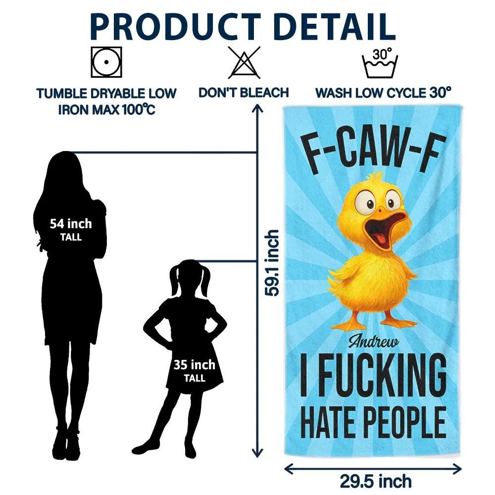 F-Caw-F I F*king Hate People - Personalized Beach Towel, Funny Adult Humor Gift, Custom Name, Unique Summer Beach Accessory
