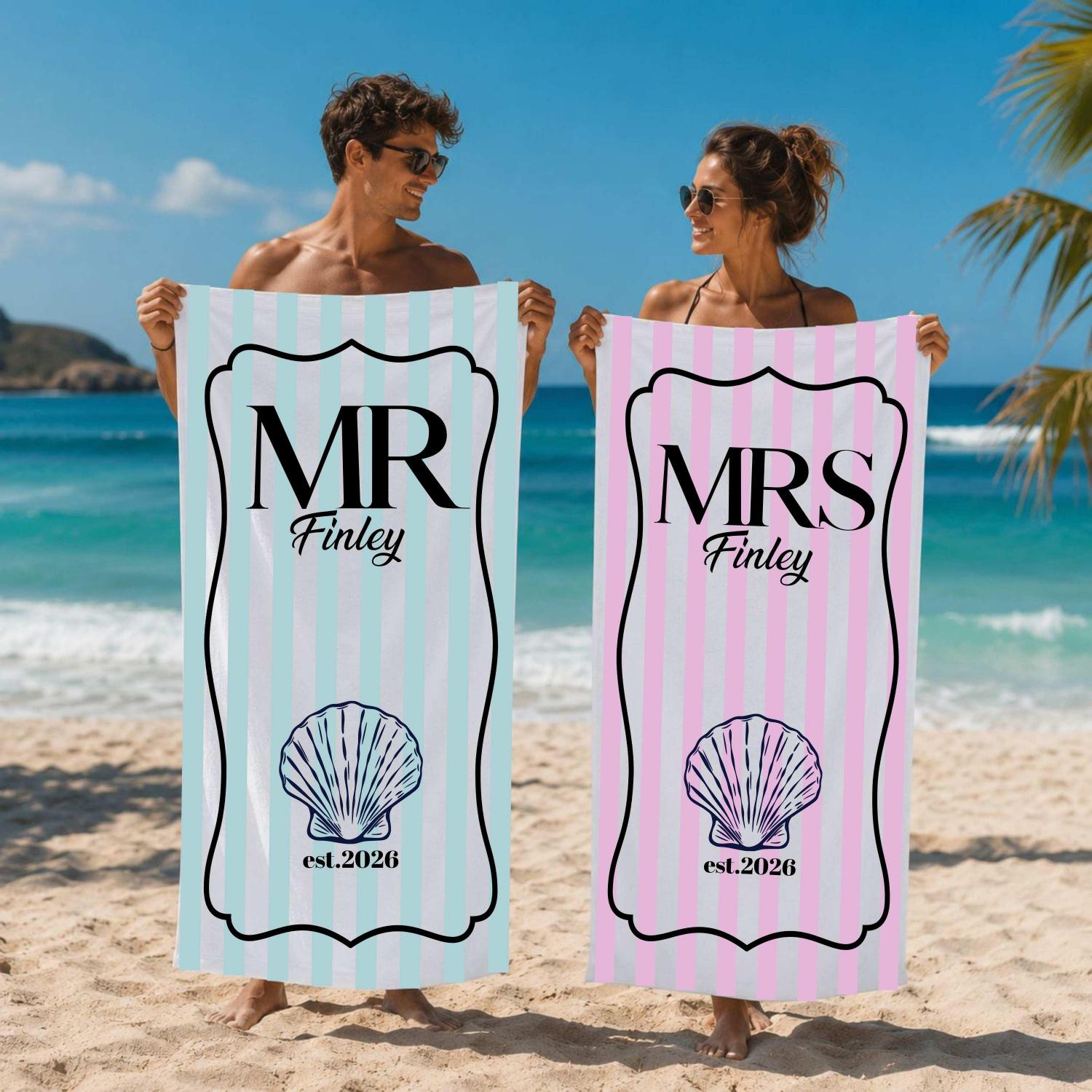 Custom Mr Mrs Beach Towel: Personalized Honeymoon Travel Gift