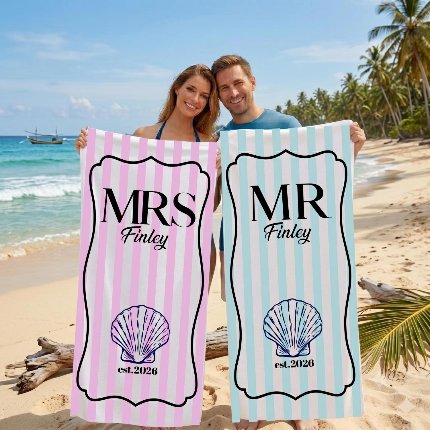 Custom Mr Mrs Beach Towel: Personalized Honeymoon Travel Gift