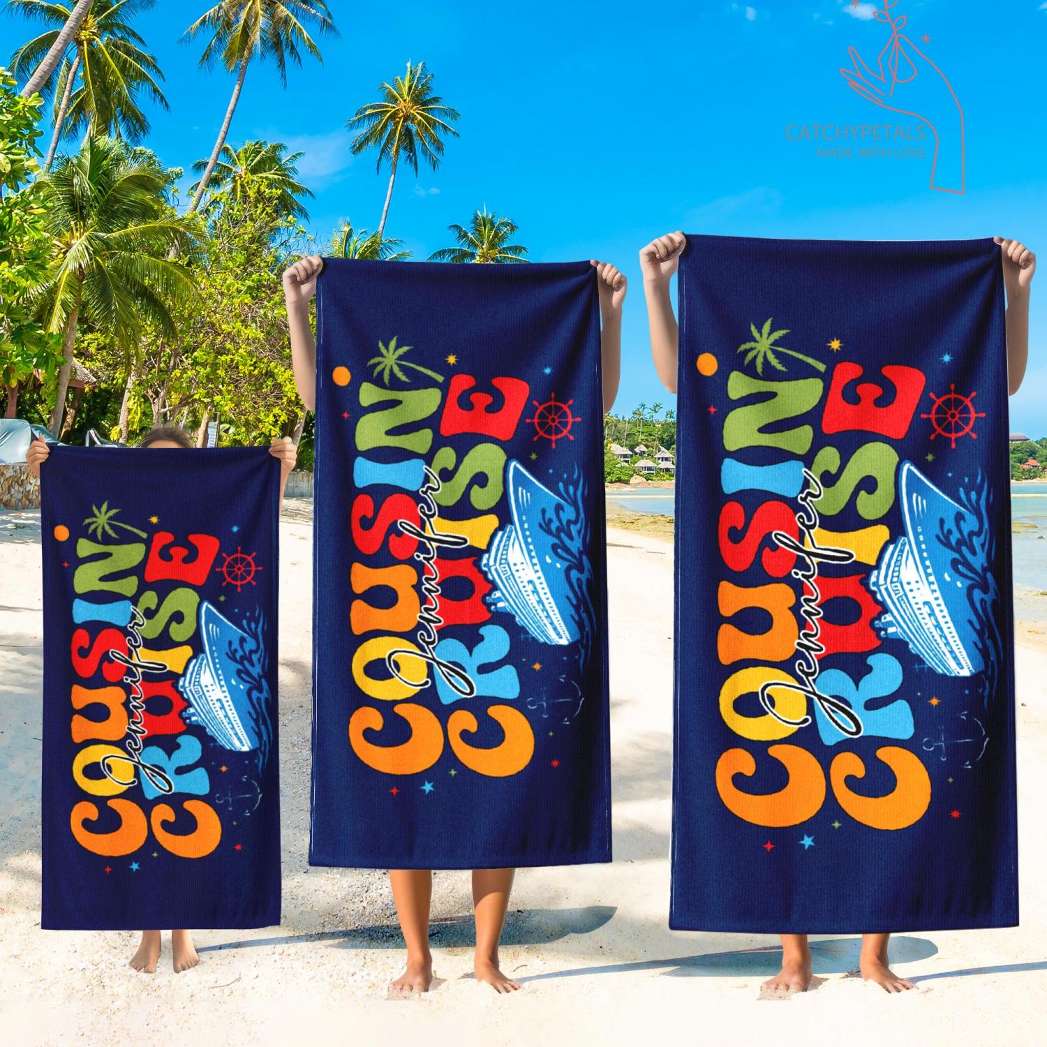 Personalized Cousin Cruise Beach Towel, Family Vacation Gift, Family Reunion Trip Gift, Custom Name Pool Towel,Group Trip,Summer Travel Gift