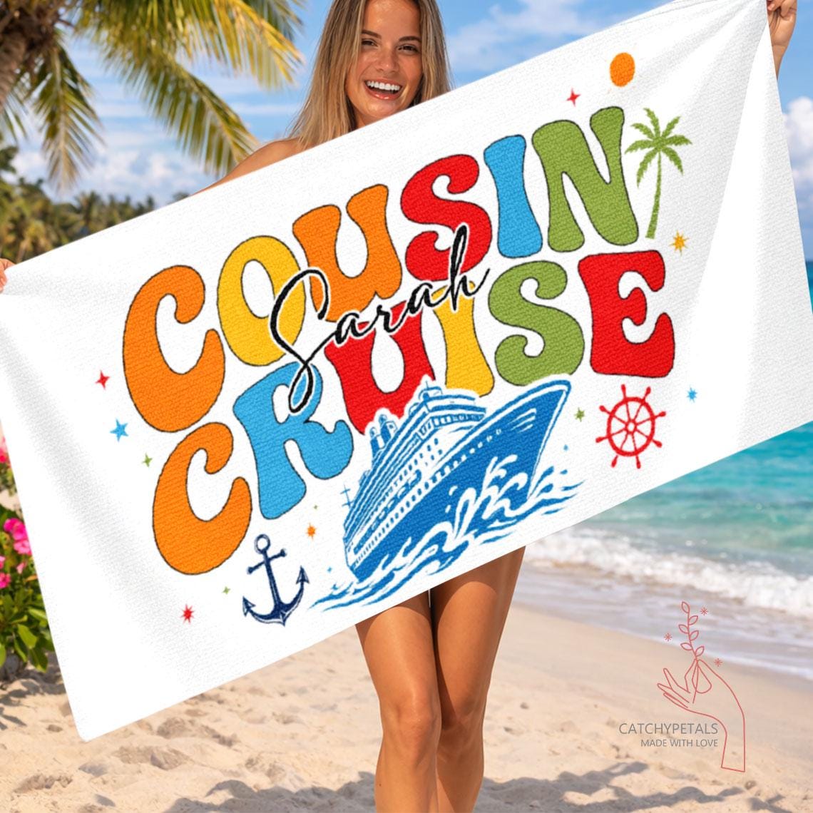 Personalized Cousin Cruise Beach Towel, Family Vacation Gift, Family Reunion Trip Gift, Custom Name Pool Towel,Group Trip,Summer Travel Gift