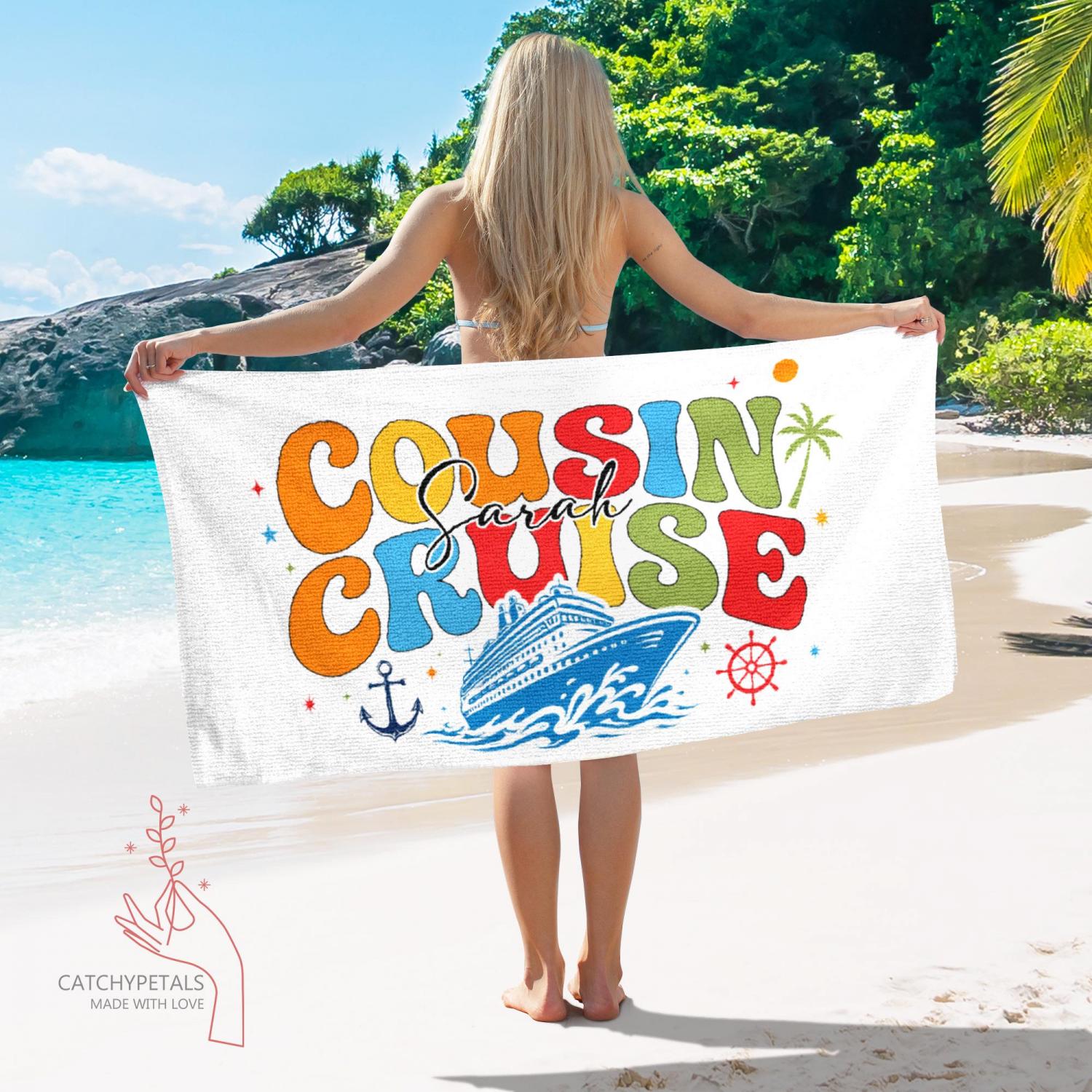 Personalized Cousin Cruise Beach Towel, Family Vacation Gift, Family Reunion Trip Gift, Custom Name Pool Towel,Group Trip,Summer Travel Gift