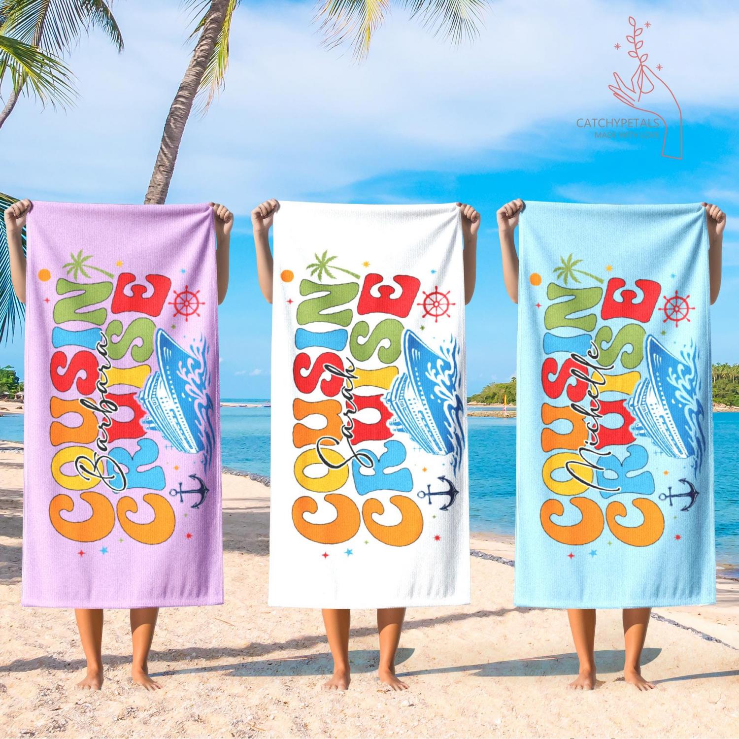 Personalized Cousin Cruise Beach Towel, Family Vacation Gift, Family Reunion Trip Gift, Custom Name Pool Towel,Group Trip,Summer Travel Gift