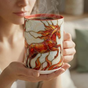 Fire Horse Mug, Stained Glass Style Coffee Cup, Fantasy Flame Pony Ceramic Drinkware