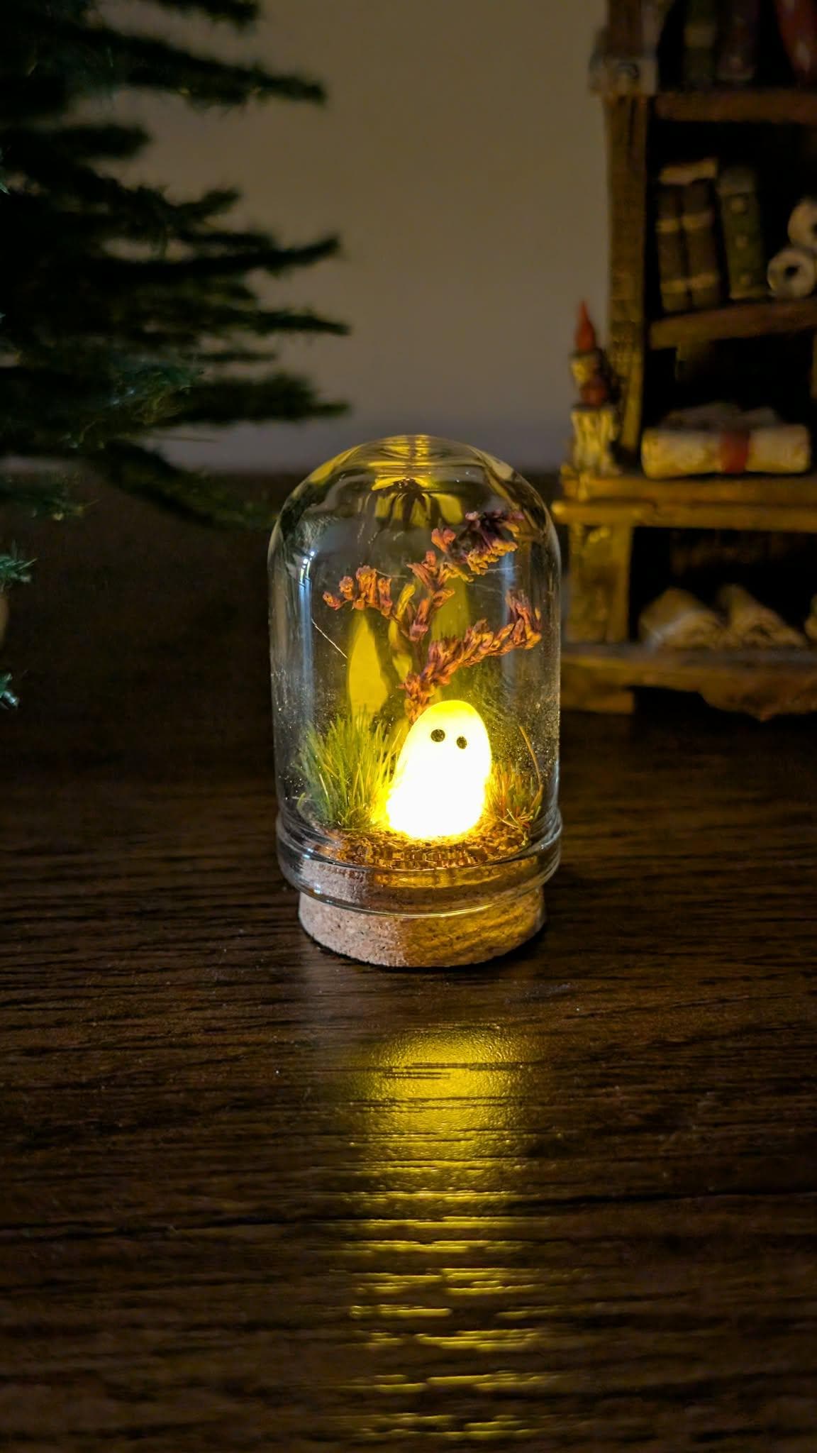 Adopt a Glowing Ghost In Glass Dome,Spooky Gift,handmade Pet Ghost