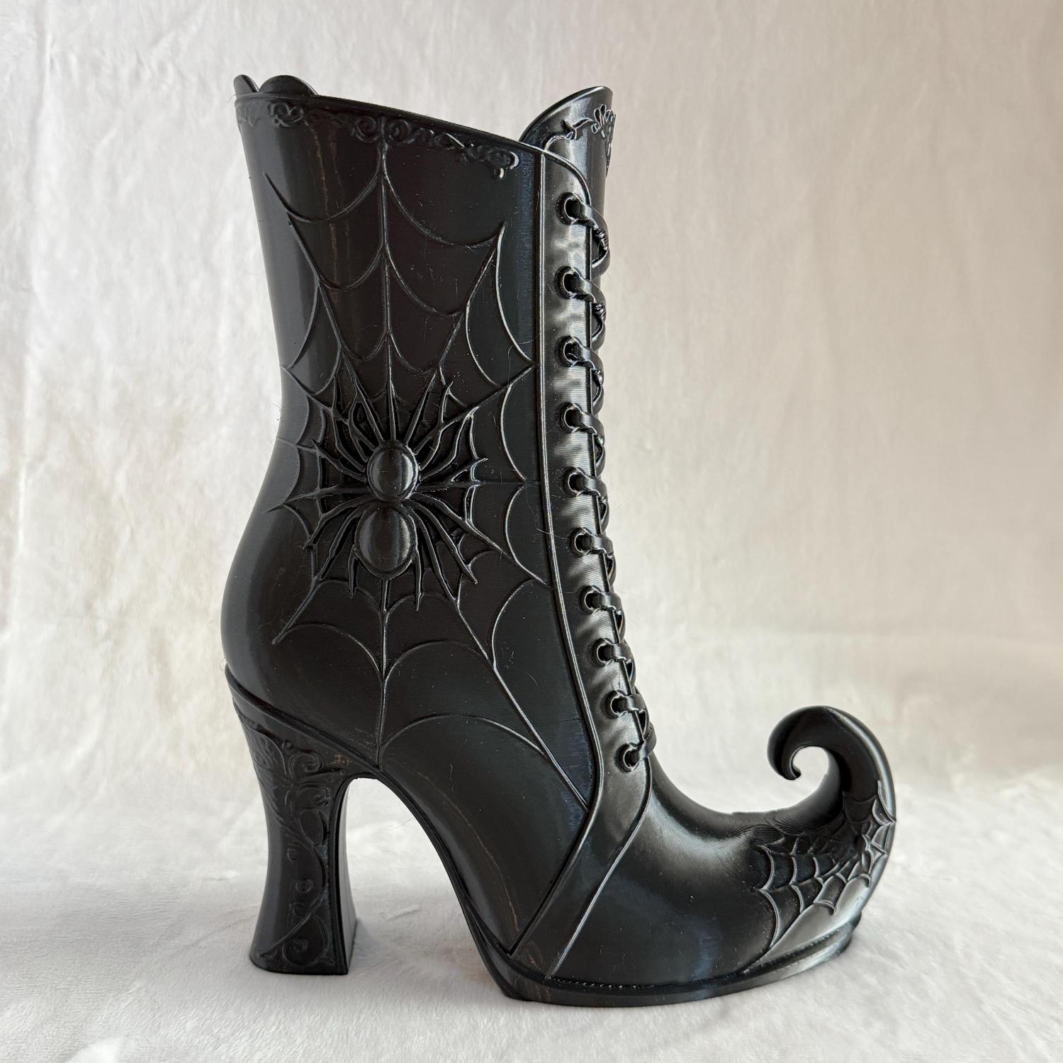 Halloween Witch Boot Vase, 3D Printed Spider Web Decor, Gothic Floral Arrangement Holder, Witchy Home Decor, Spooky Centerpiece