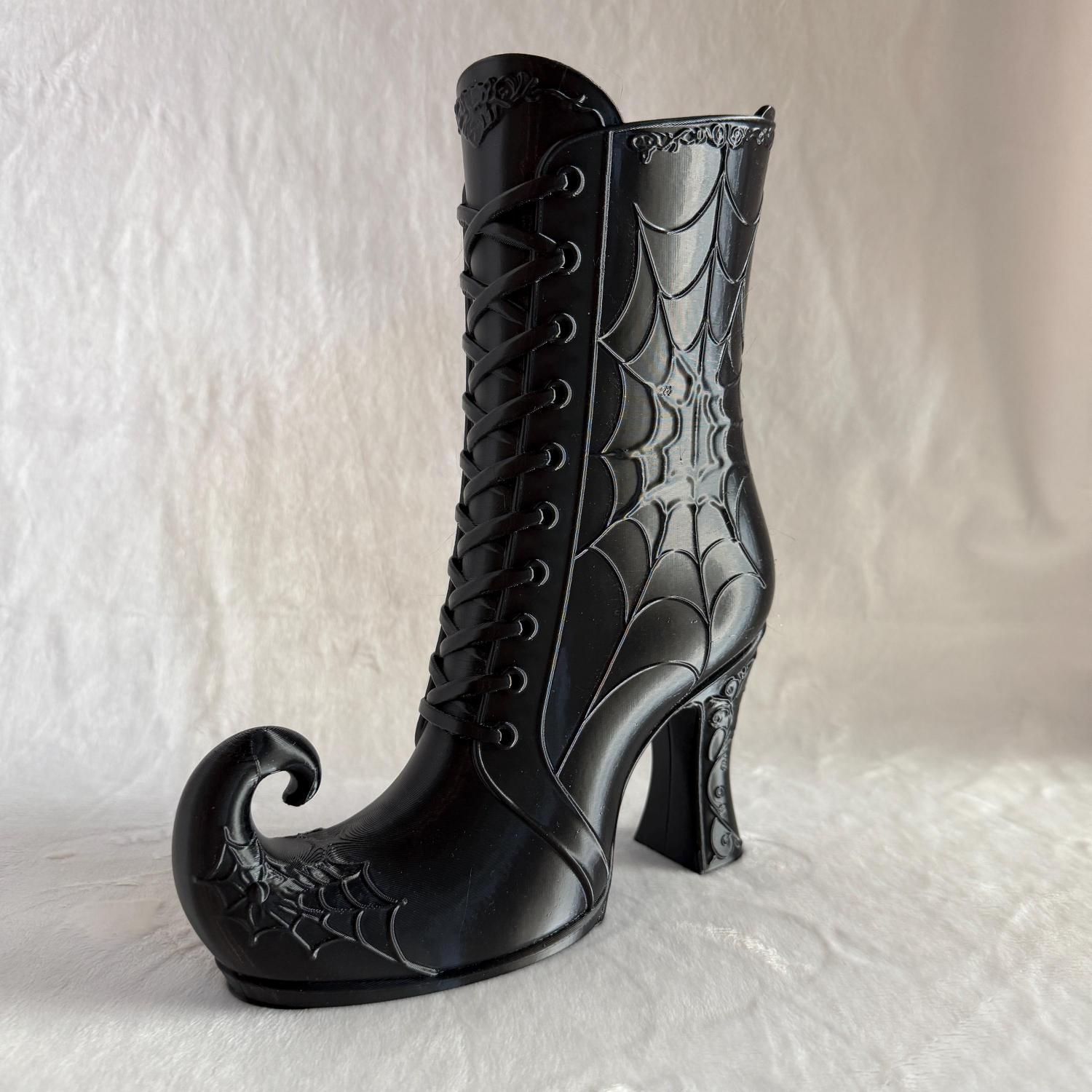 Halloween Witch Boot Vase, 3D Printed Spider Web Decor, Gothic Floral Arrangement Holder, Witchy Home Decor, Spooky Centerpiece