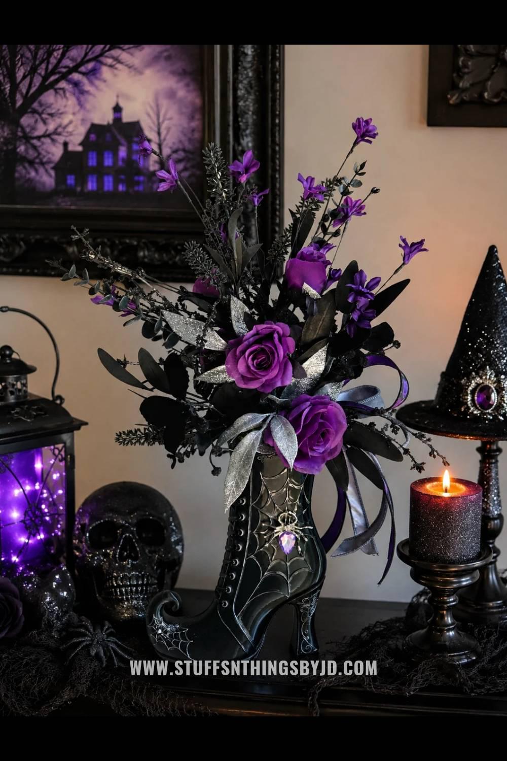 Halloween Witch Boot Vase, 3D Printed Spider Web Decor, Gothic Floral Arrangement Holder, Witchy Home Decor, Spooky Centerpiece