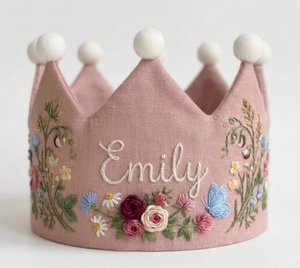 Custom Hand Embroidered Linen Crown, Baby First Birthday Crown, Crown for Kids, Personalized Gift, Birthday Outfit, Keepsake Birthday Crown