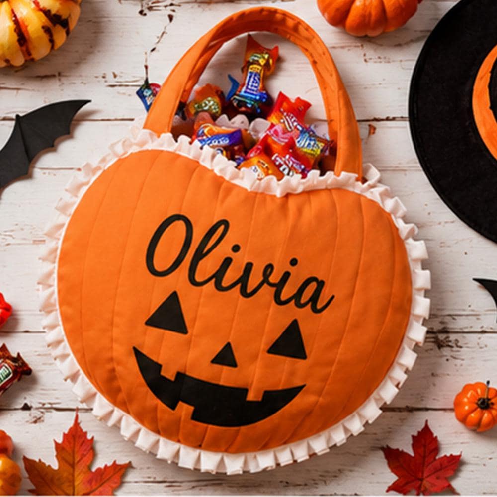 Pumpkin Trick or Treat Bag Custom Halloween Candy bag with Name Kids Costume Accessory