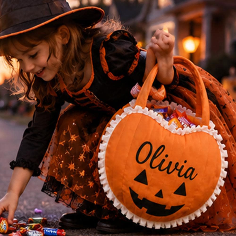 Pumpkin Trick or Treat Bag Custom Halloween Candy bag with Name Kids Costume Accessory