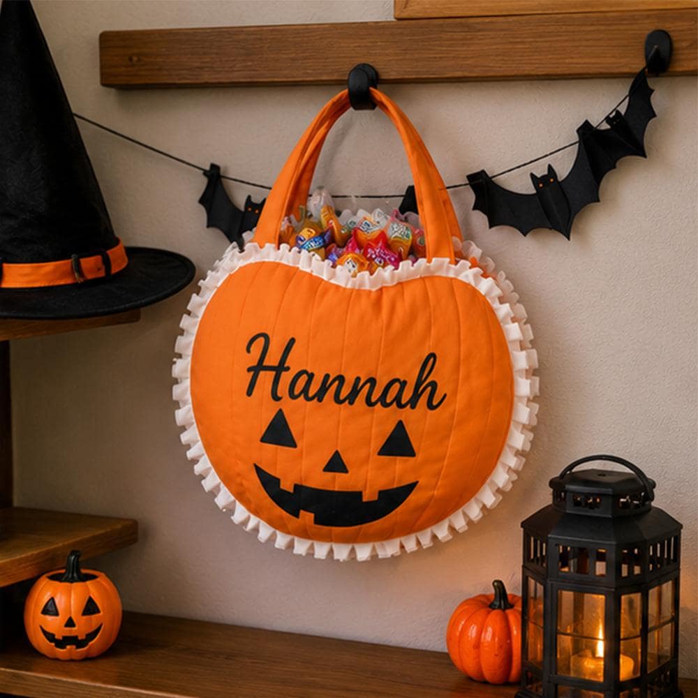 Pumpkin Trick or Treat Bag Custom Halloween Candy bag with Name Kids Costume Accessory