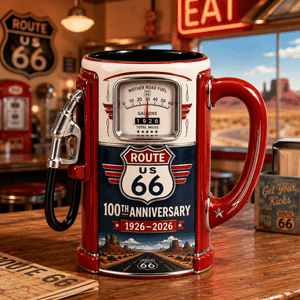 Classic 66 Fuel Pump Mug, 100th Anniversary 1926–2026 Vintage Gas Tank Beer Stein, Highway Table Decor, Gift for Highway Travel Enthusiasts
