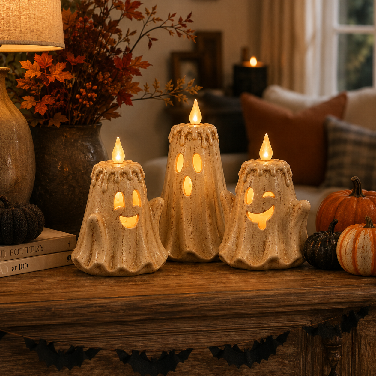 3-Piece Halloween Ghost Flameless Candle Set with Remote Timer