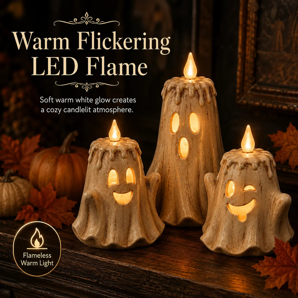 3-Piece Halloween Ghost Flameless Candle Set with Remote Timer