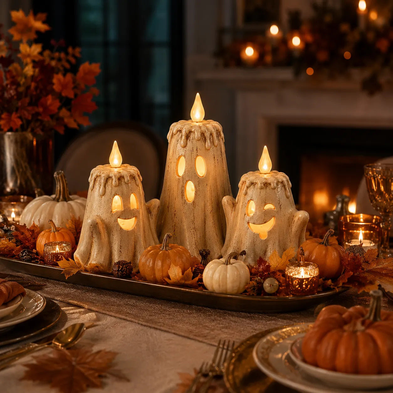 3-Piece Halloween Ghost Flameless Candle Set with Remote Timer