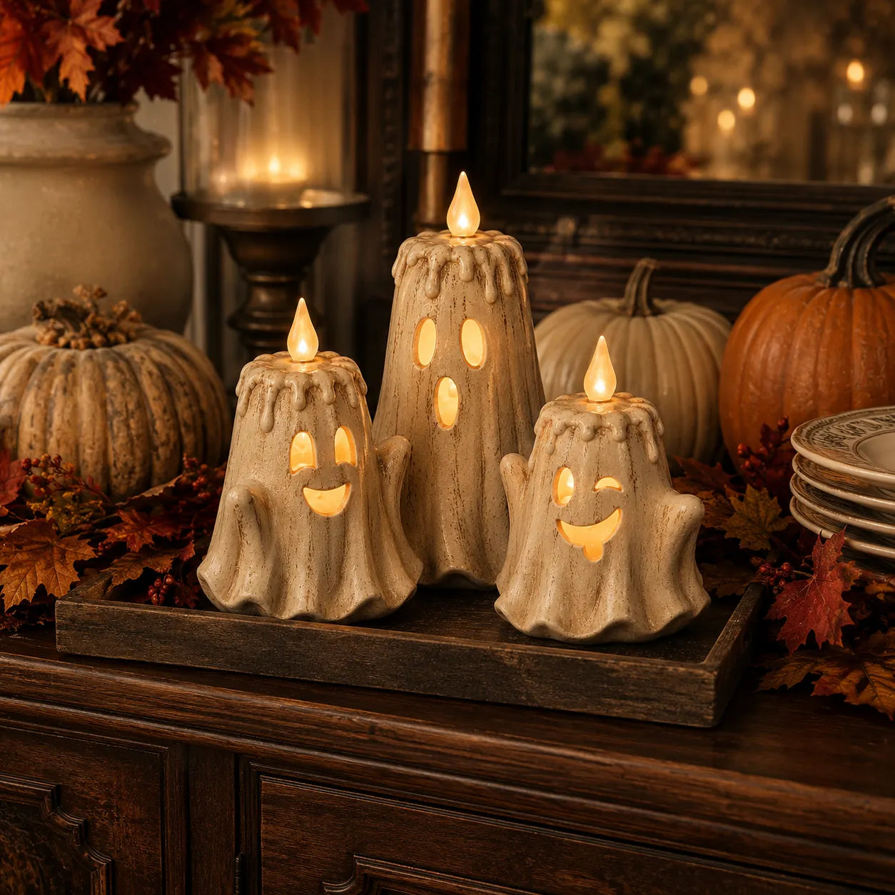 3-Piece Halloween Ghost Flameless Candle Set with Remote Timer