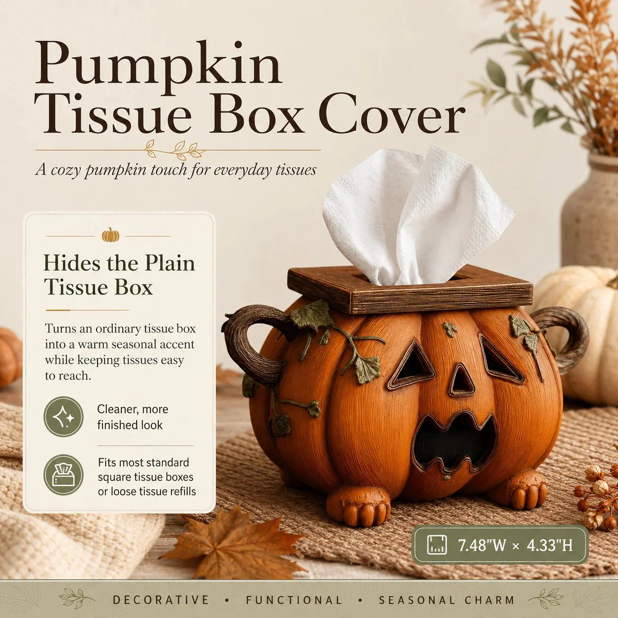 🏆Flash Sale⚡ 5K+ SOLD! 🎃 Pumpkin Halloween Tissue Box Cover-Turn Your Everyday Tissue Box Into A Spooky Fall Decoration