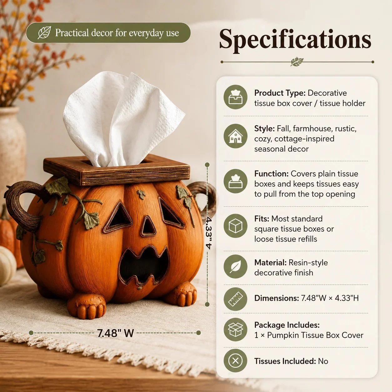 🏆Flash Sale⚡ 5K+ SOLD! 🎃 Pumpkin Halloween Tissue Box Cover-Turn Your Everyday Tissue Box Into A Spooky Fall Decoration