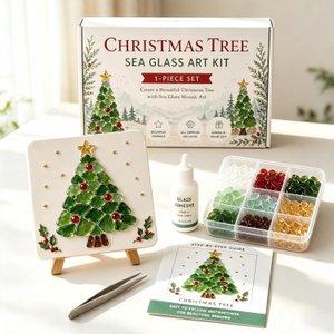Christmas Sea Glass Mosaic Art Kit with Tree Santa Snowman Stockings, Beginner Craft Set, Holiday Home Decor, Christmas Gift for Adults/Kids/Crafters