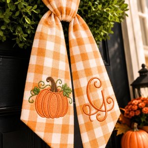 Personalized Pumpkin Wreath Sash - Embroidered Fall Monogram Gingham Door Bow - Thanksgiving Front Door Decor, Housewarming Gift