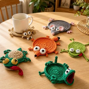 Adorable Crochet Animal Coaster,Funny Critter Coaster,Cute Drink Mat,Housewarming Gift,Office Desk Decor,Fox Frog Hippo Turtle Coaster her