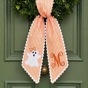Personalized Halloween Tree Wreath Sash, Ghost Door Sash, Custom Name Embroidered Holiday Decor, Stripe Front Door Ric Rac Bow, Spooky Gift