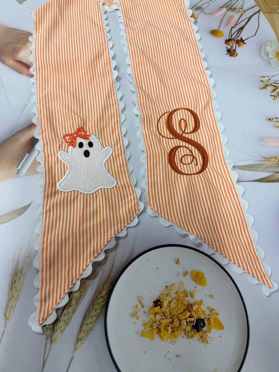 Personalized Halloween Tree Wreath Sash, Ghost Door Sash, Custom Name Embroidered Holiday Decor, Stripe Front Door Ric Rac Bow, Spooky Gift
