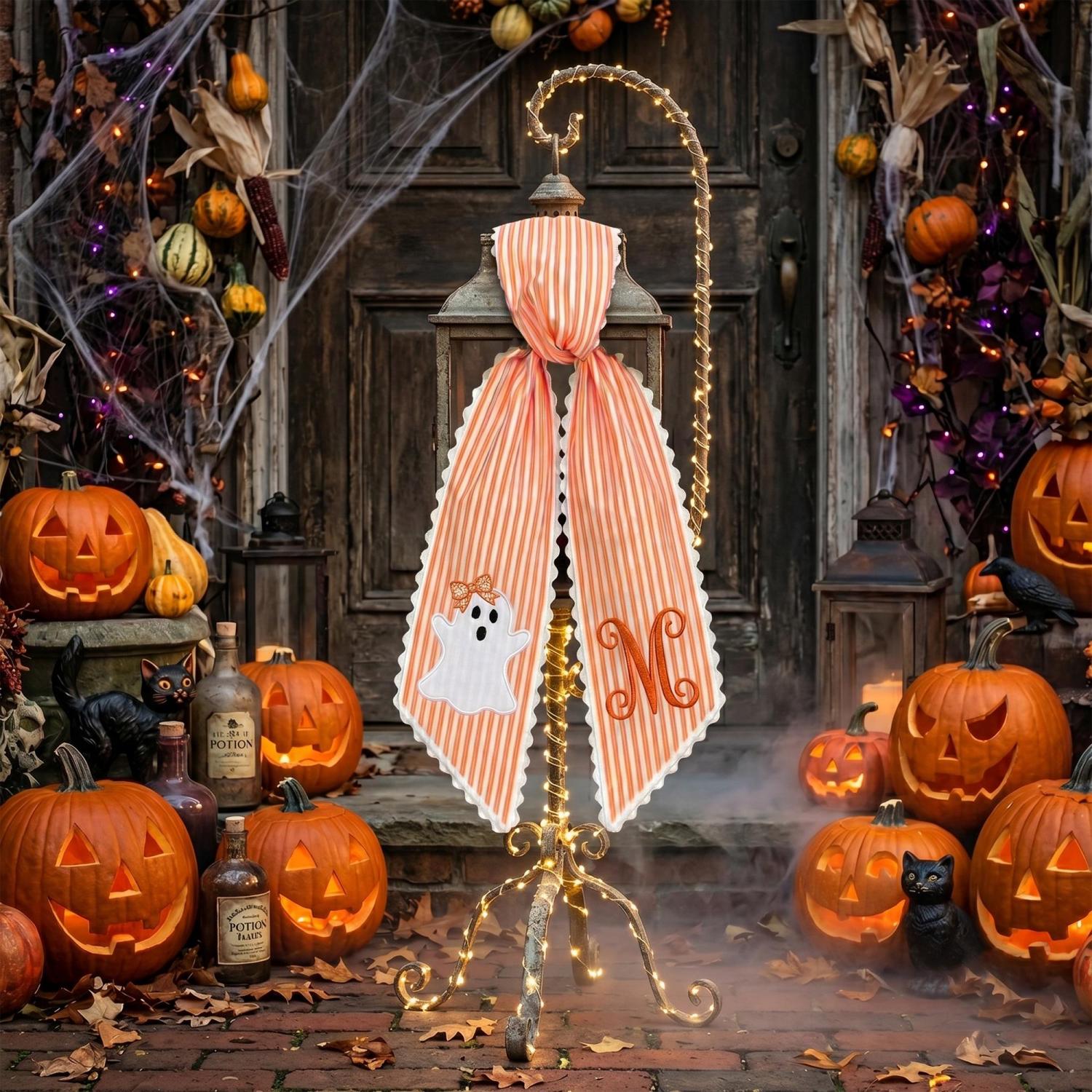 Personalized Halloween Tree Wreath Sash, Ghost Door Sash, Custom Name Embroidered Holiday Decor, Stripe Front Door Ric Rac Bow, Spooky Gift