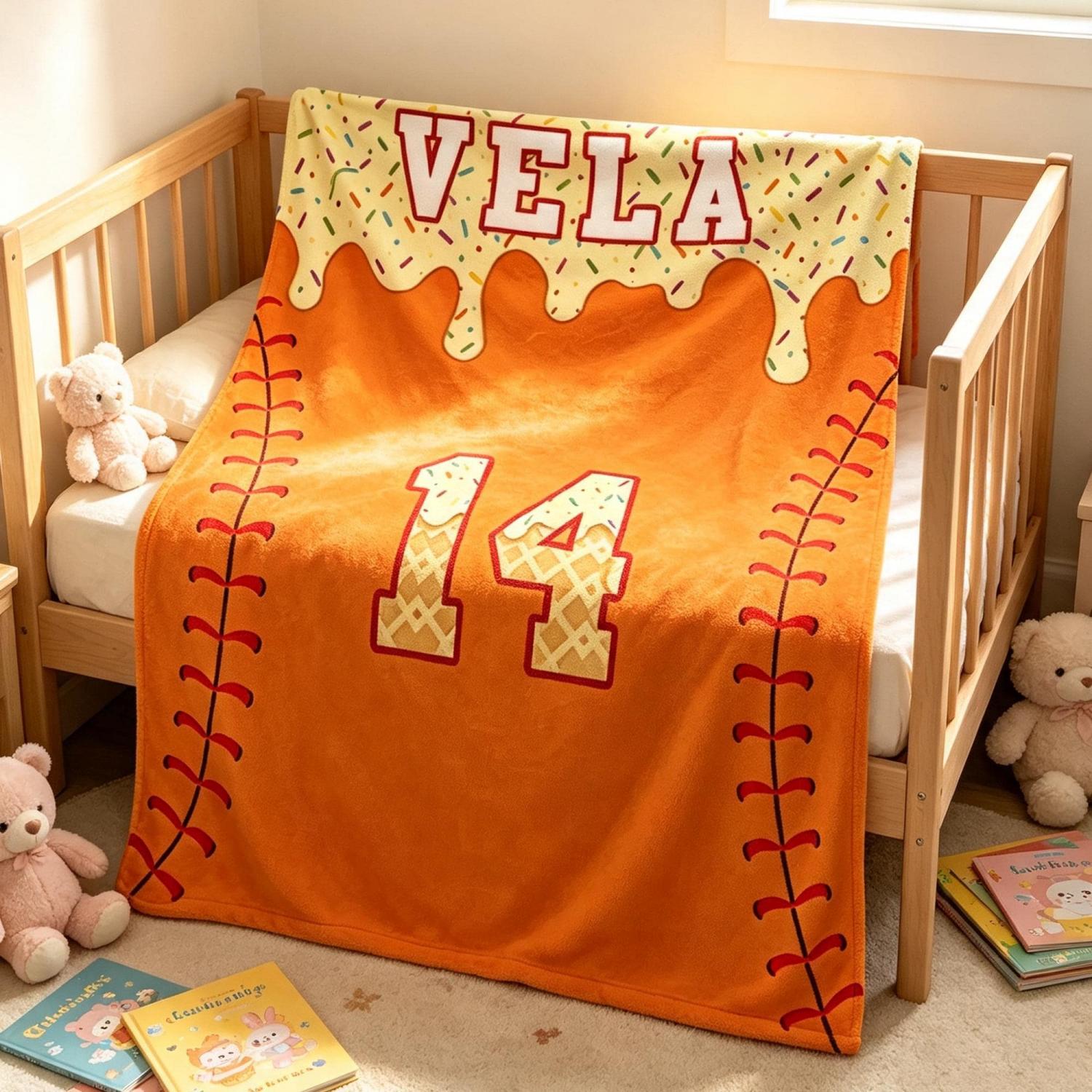 Personalized Kids Baseball Blanket: Ice Cream Drip Baseball Blanket, Custom Name & Number Gift, Baseball Flannel Blanket, Team Present