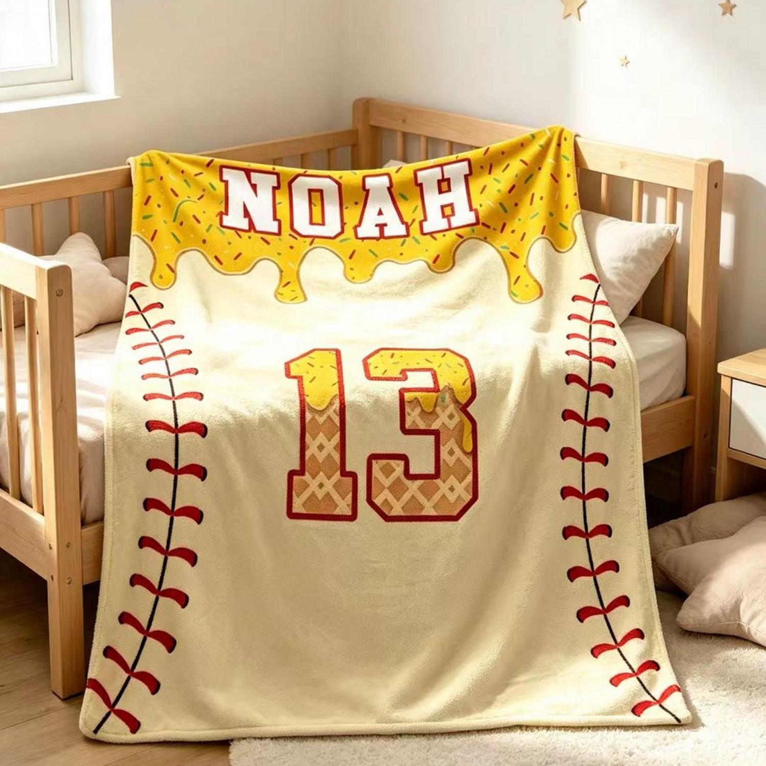 Personalized Kids Baseball Blanket: Ice Cream Drip Baseball Blanket, Custom Name & Number Gift, Baseball Flannel Blanket, Team Present