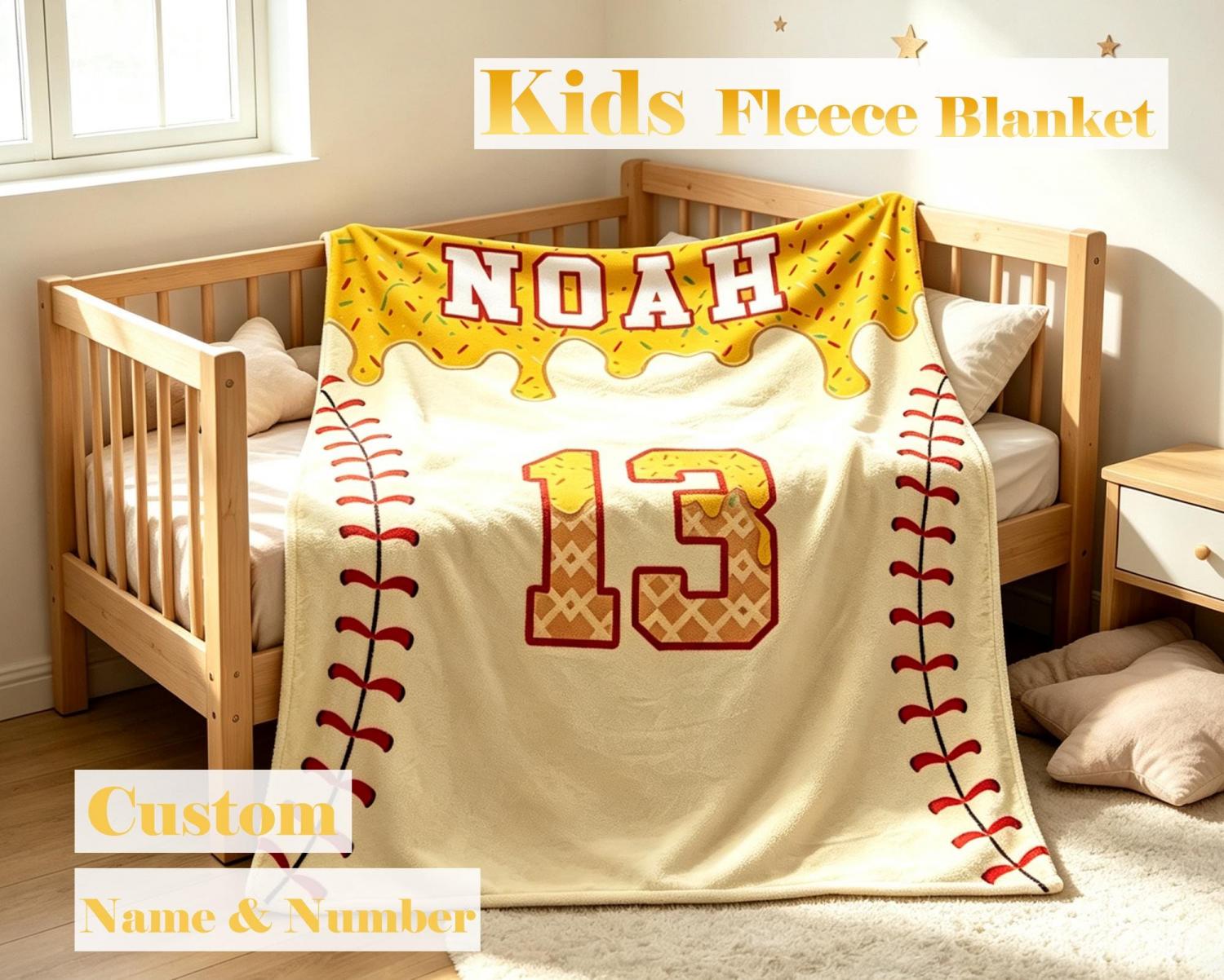 Personalized Kids Baseball Blanket: Ice Cream Drip Baseball Blanket, Custom Name & Number Gift, Baseball Flannel Blanket, Team Present