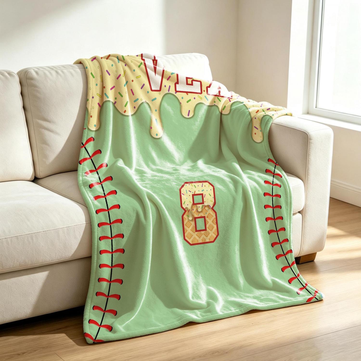 Personalized Kids Baseball Blanket: Ice Cream Drip Baseball Blanket, Custom Name & Number Gift, Baseball Flannel Blanket, Team Present