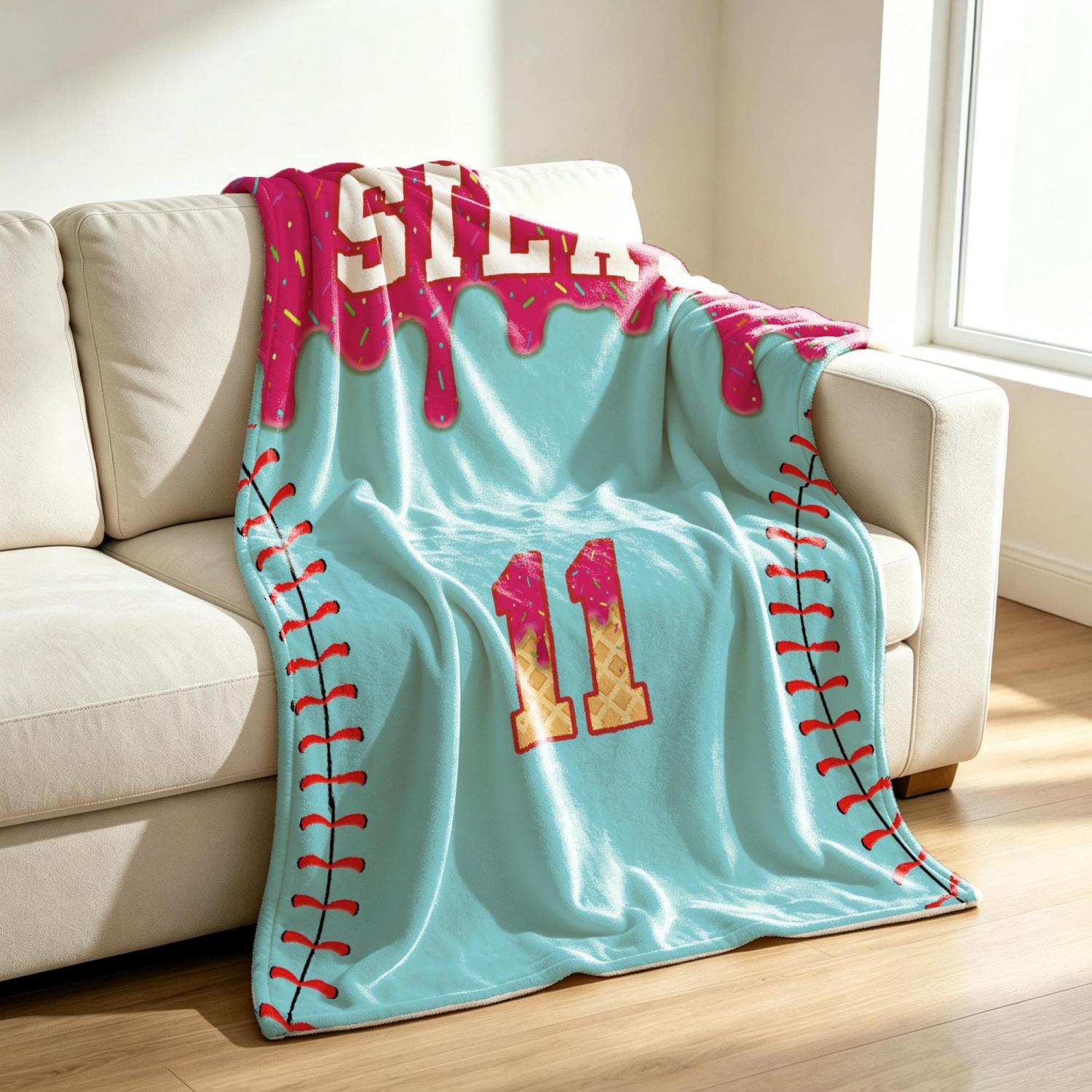 Personalized Kids Baseball Blanket: Ice Cream Drip Baseball Blanket, Custom Name & Number Gift, Baseball Flannel Blanket, Team Present