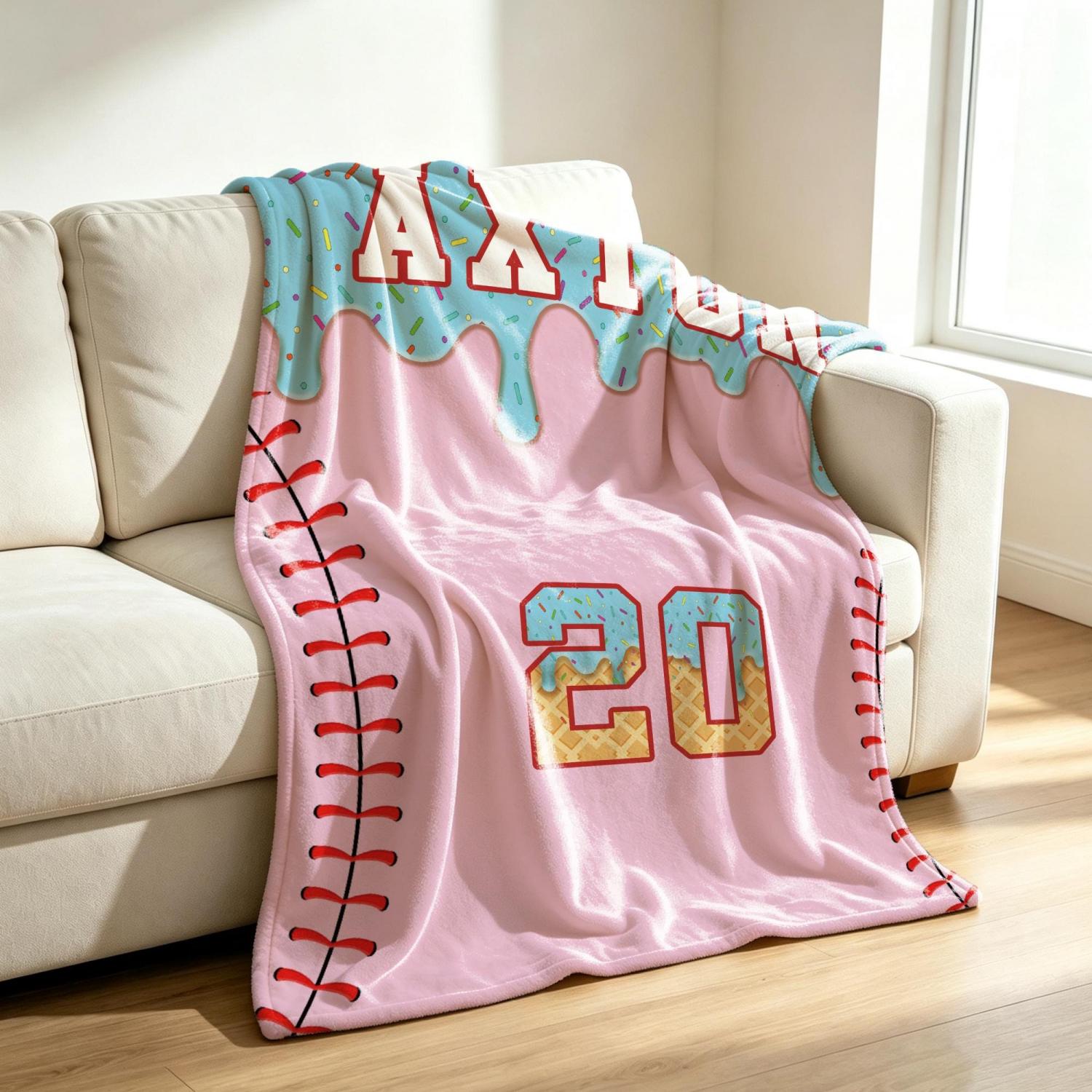 Personalized Kids Baseball Blanket: Ice Cream Drip Baseball Blanket, Custom Name & Number Gift, Baseball Flannel Blanket, Team Present