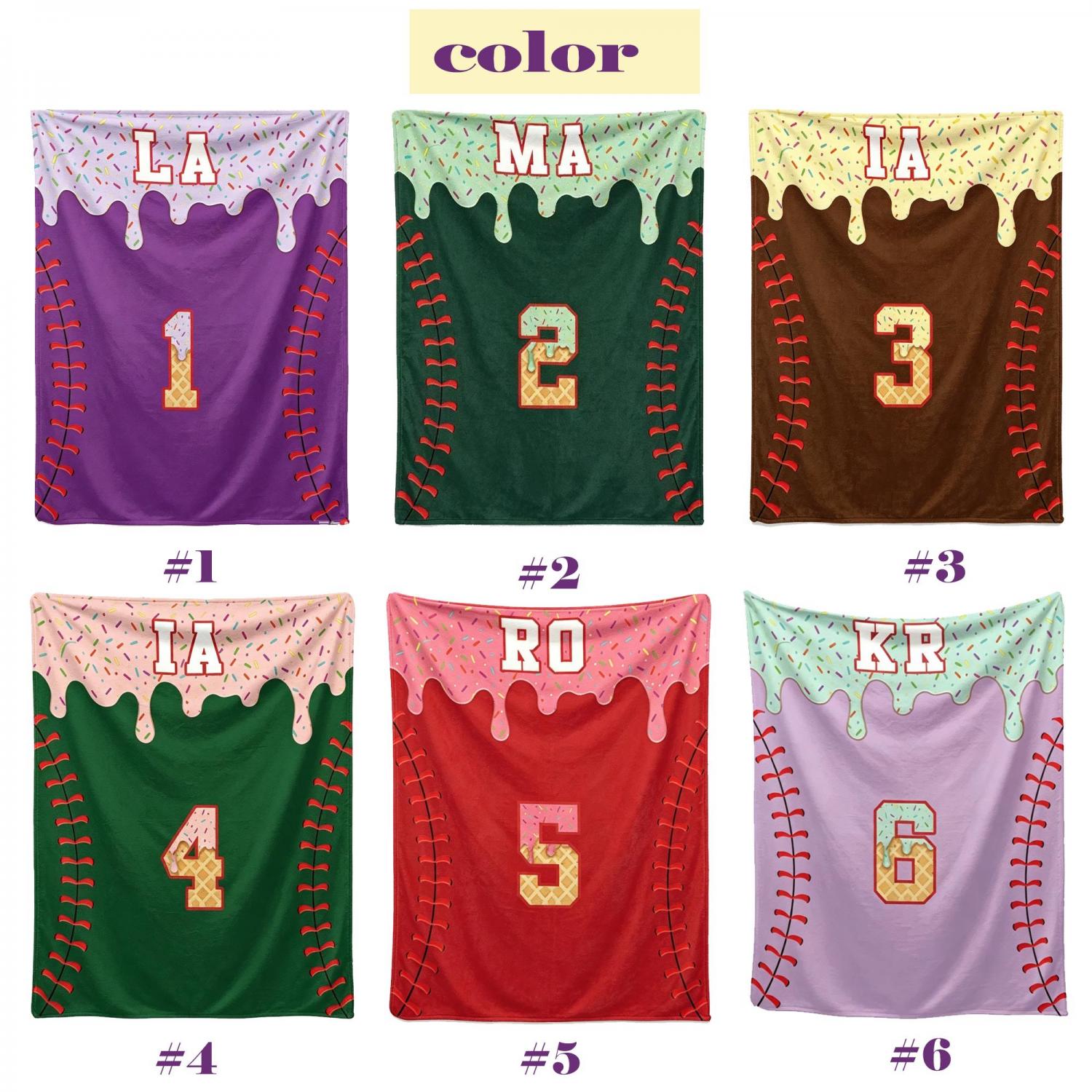 Personalized Kids Baseball Blanket: Ice Cream Drip Baseball Blanket, Custom Name & Number Gift, Baseball Flannel Blanket, Team Present