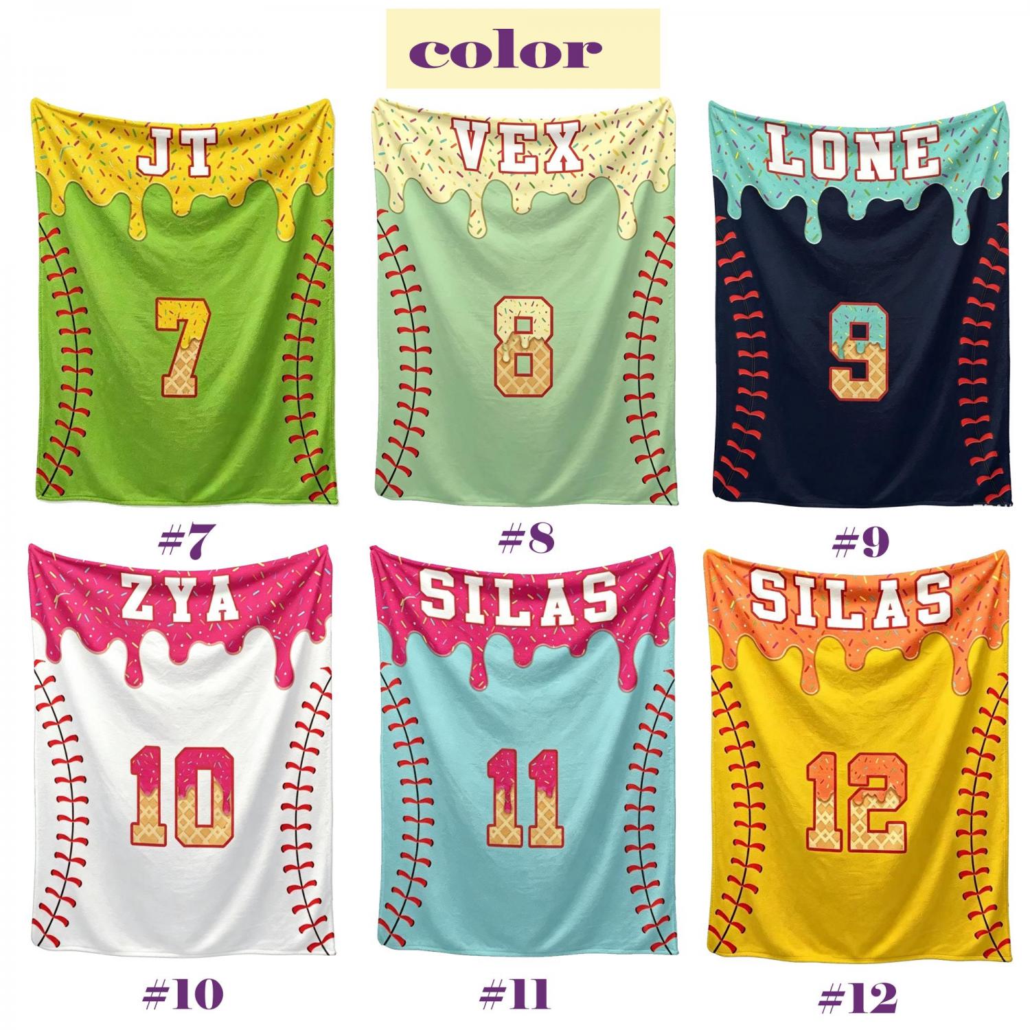 Personalized Kids Baseball Blanket: Ice Cream Drip Baseball Blanket, Custom Name & Number Gift, Baseball Flannel Blanket, Team Present