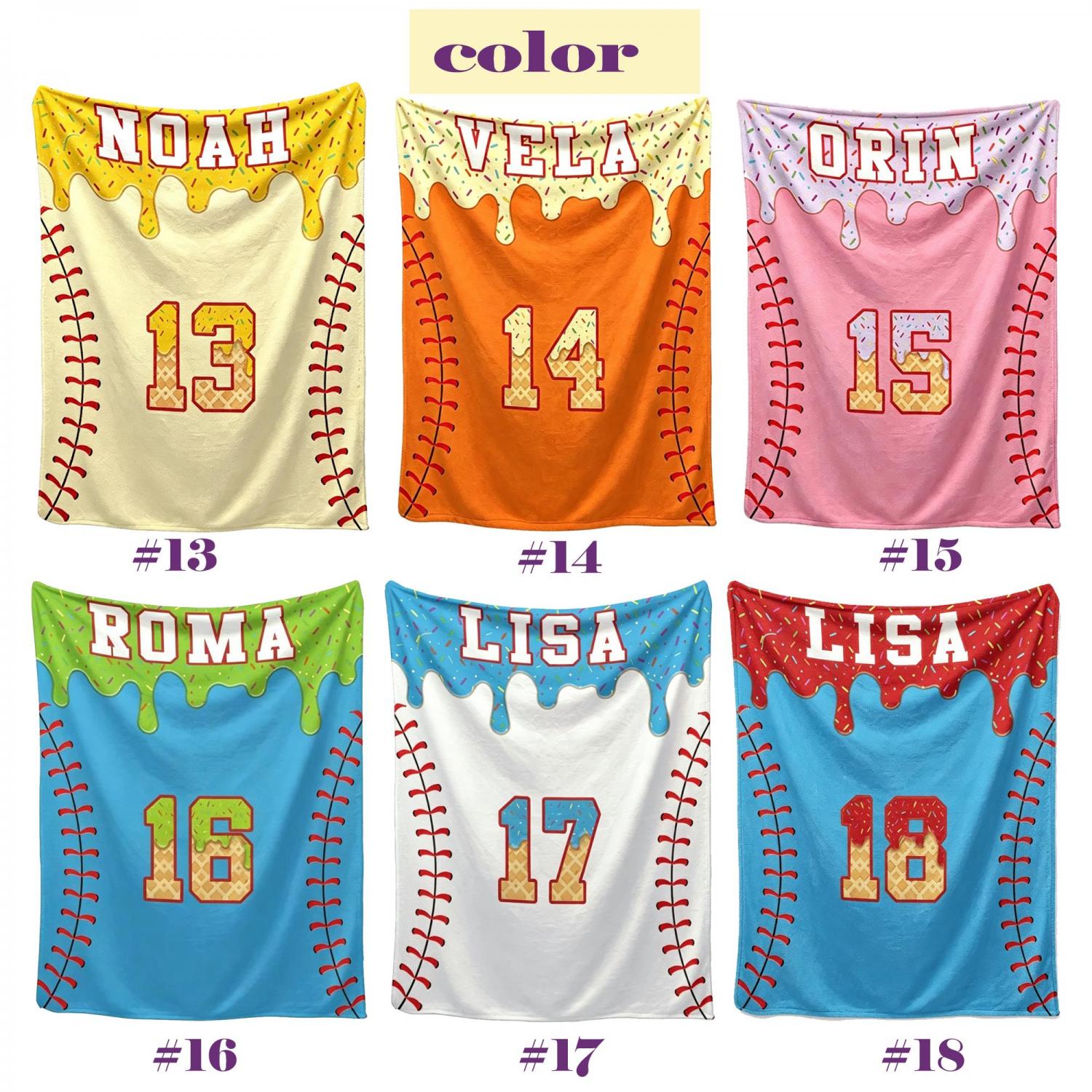 Personalized Kids Baseball Blanket: Ice Cream Drip Baseball Blanket, Custom Name & Number Gift, Baseball Flannel Blanket, Team Present