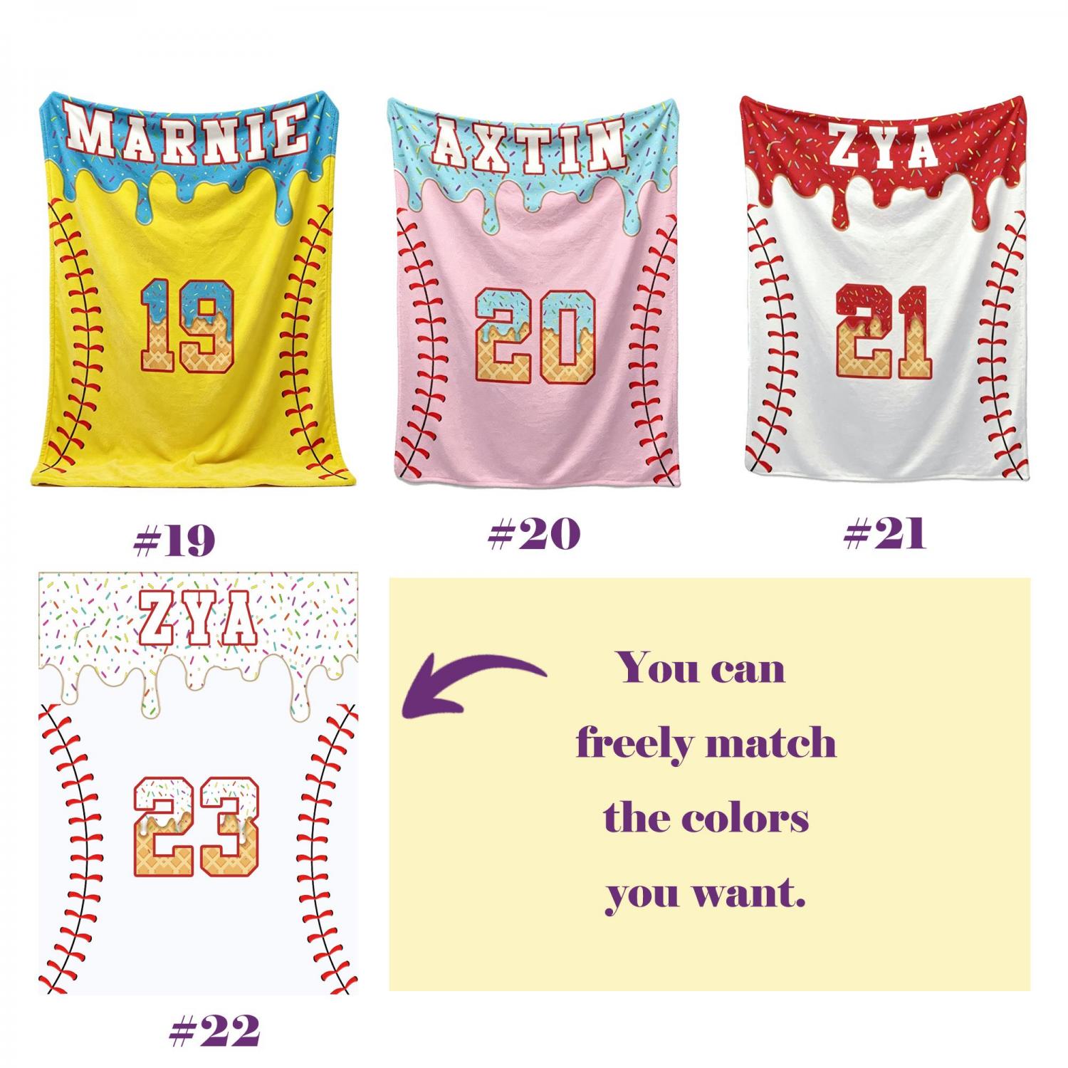 Personalized Kids Baseball Blanket: Ice Cream Drip Baseball Blanket, Custom Name & Number Gift, Baseball Flannel Blanket, Team Present
