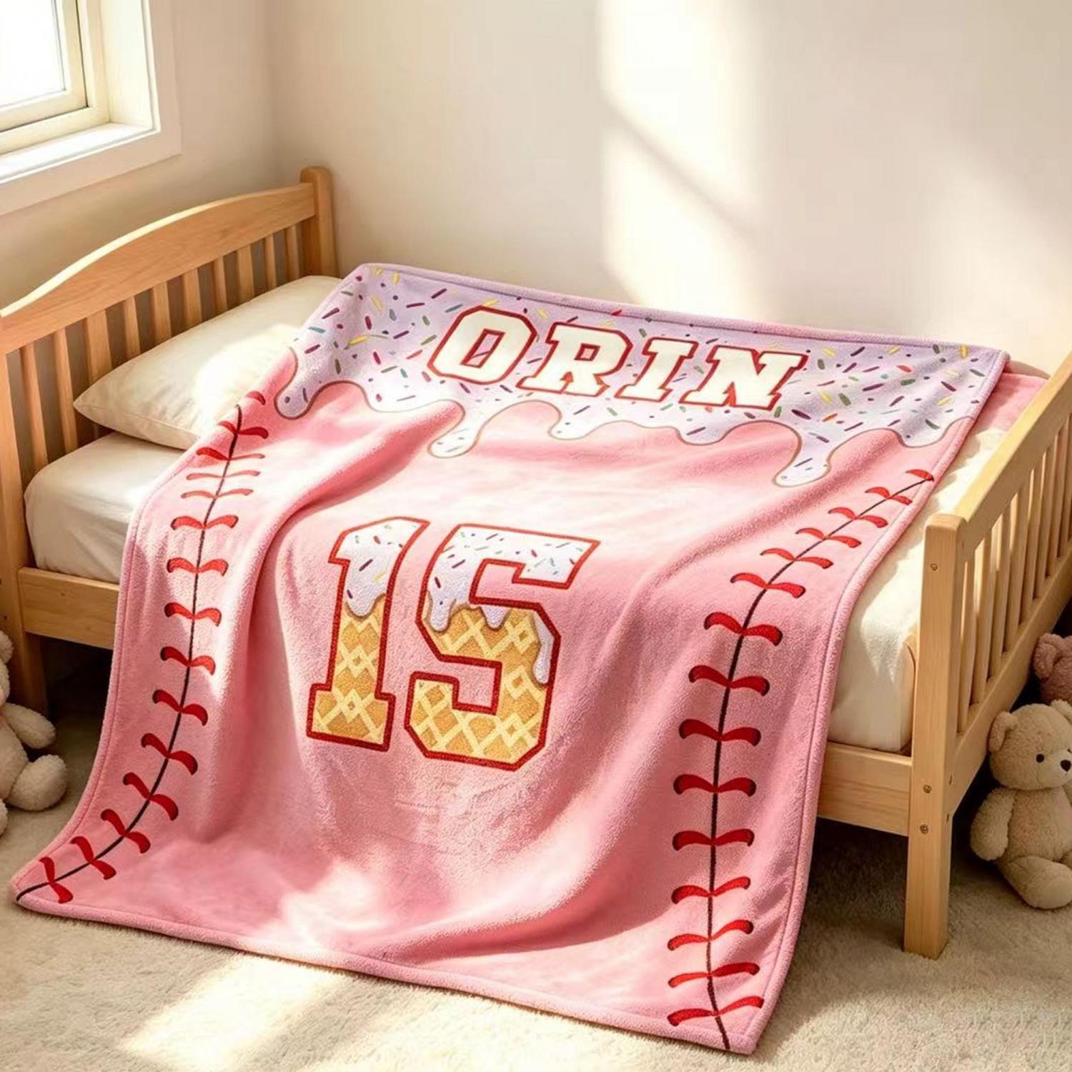 Personalized Kids Baseball Blanket: Ice Cream Drip Baseball Blanket, Custom Name & Number Gift, Baseball Flannel Blanket, Team Present